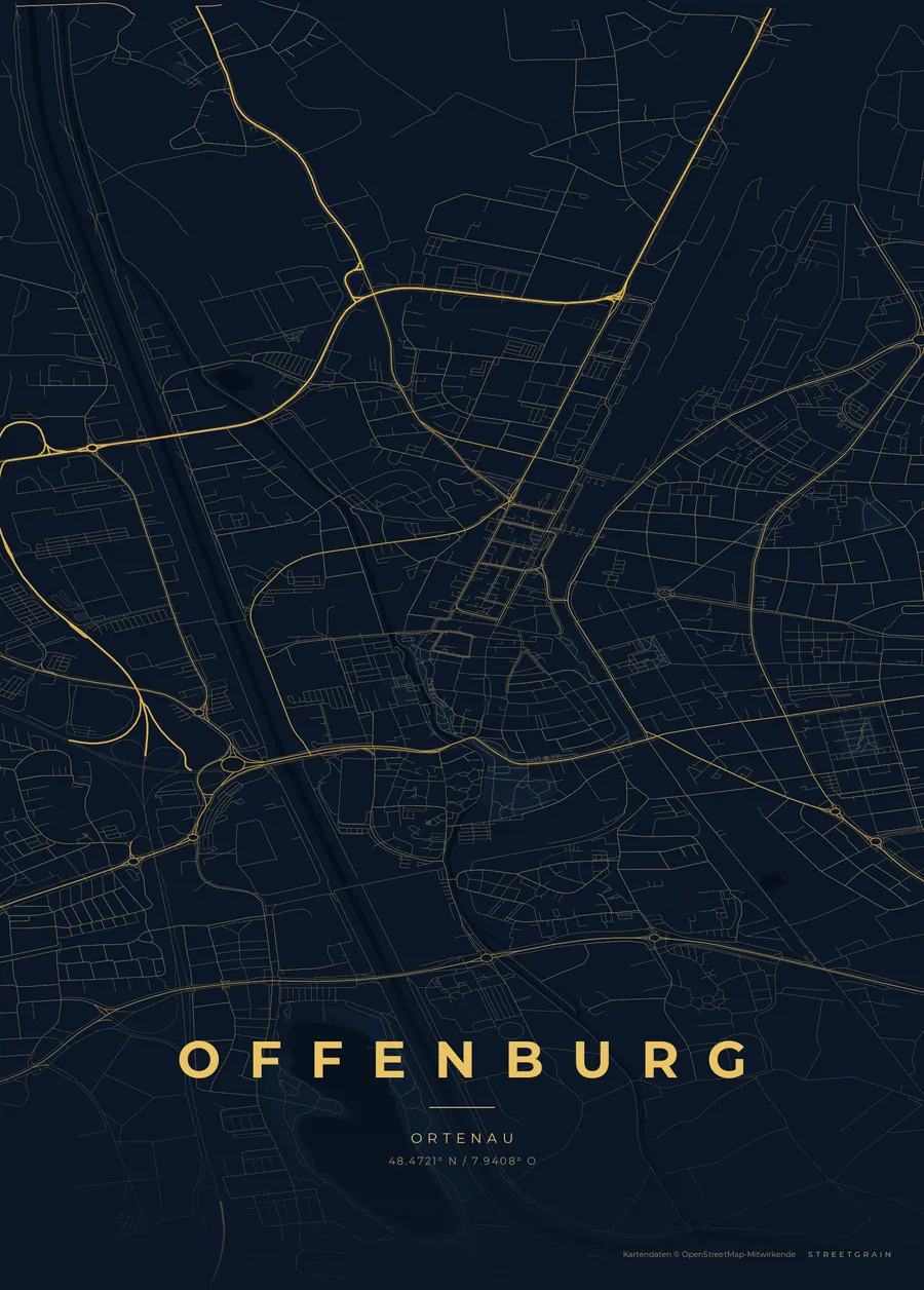 Offenburg-Karte in Nachtblau mit goldenen Hauptstraßen