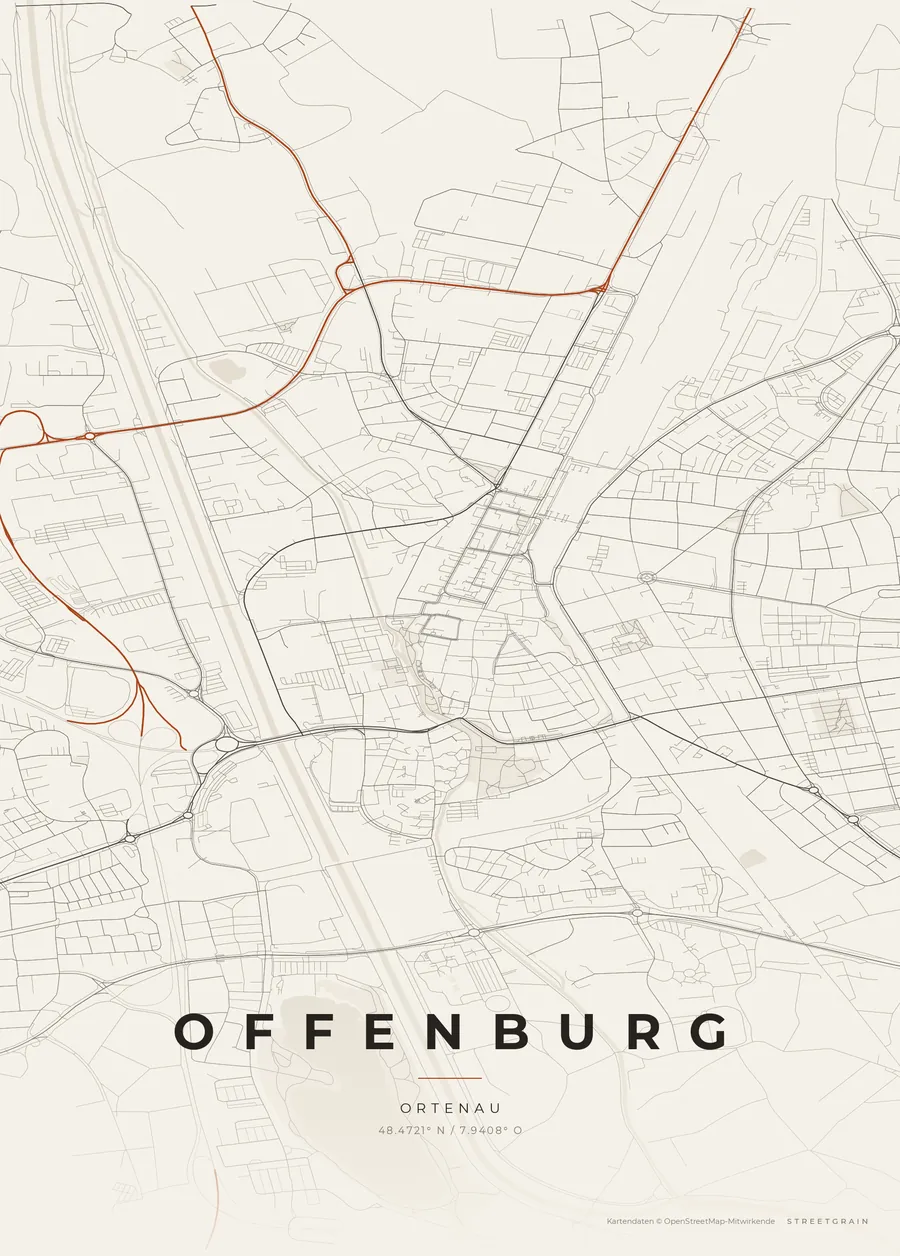 Offenburg-Karte auf Papierweiß mit rostroten Hauptstraßen