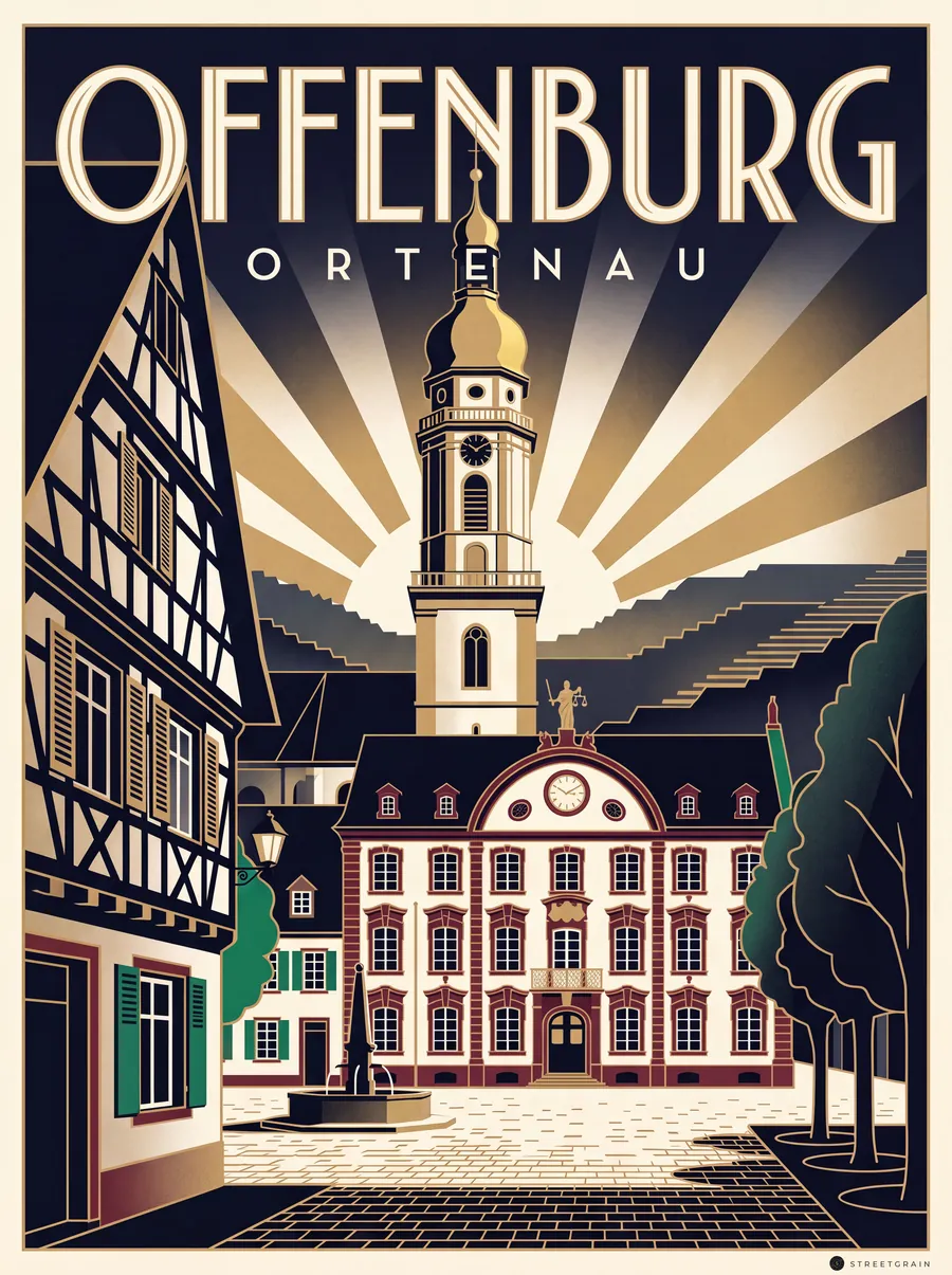 Offenburger Marktplatz im Art-déco-Stil mit Strahlenkranz