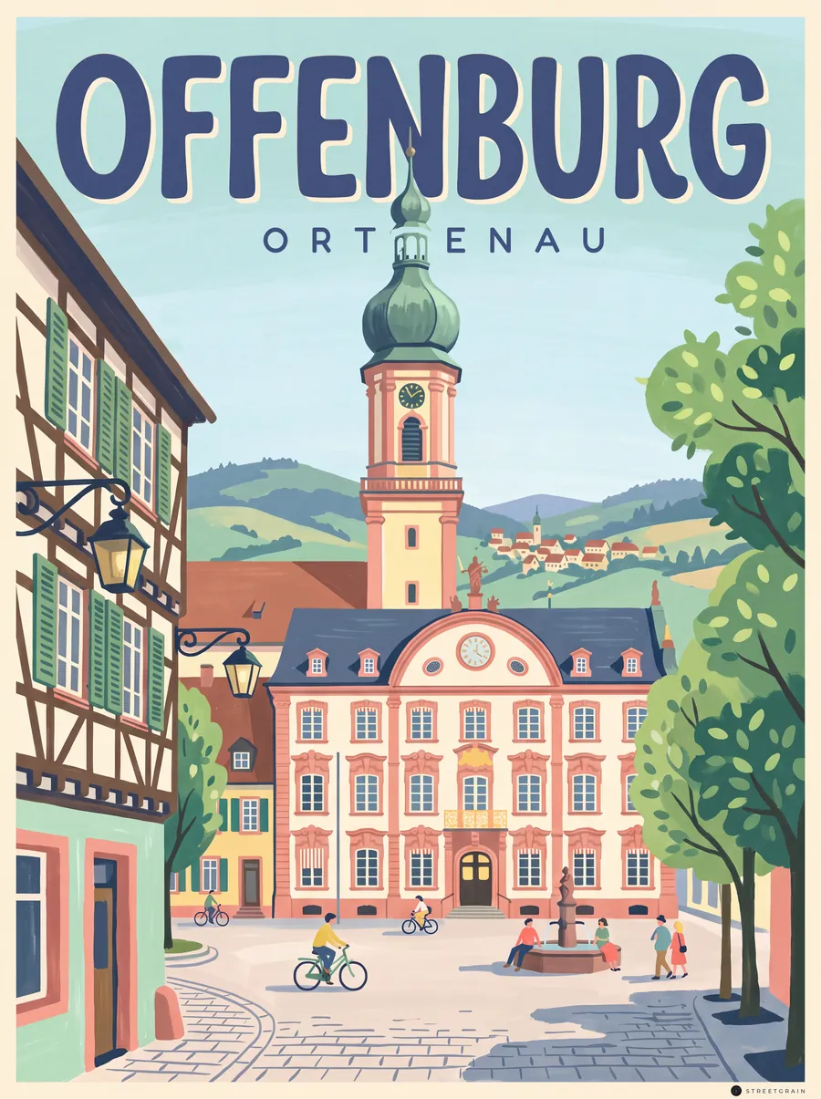 Offenburger Marktplatz im Mid-Century-Stil in Pastelltönen