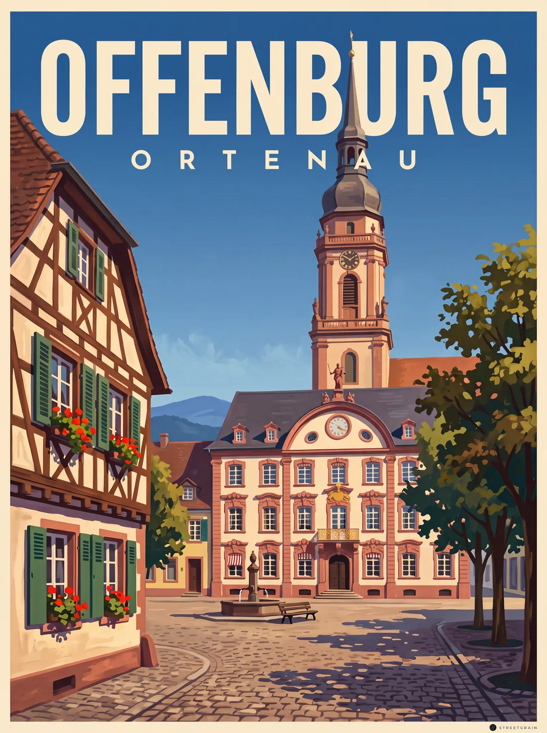 Offenburger Marktplatz mit Rathaus, malerischer Stil